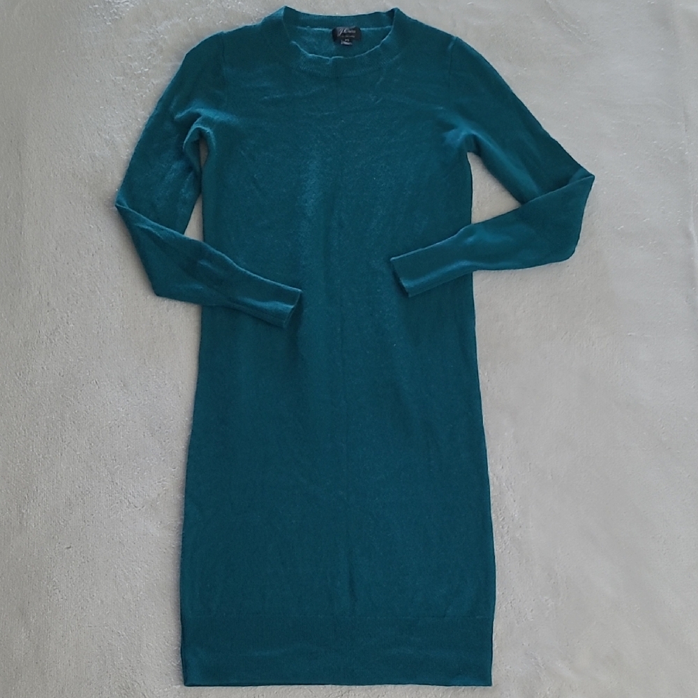J.Crew 100% Cashmere Sweater Dress Teal Green XS Long Sleeve Knit Midi Workwear
